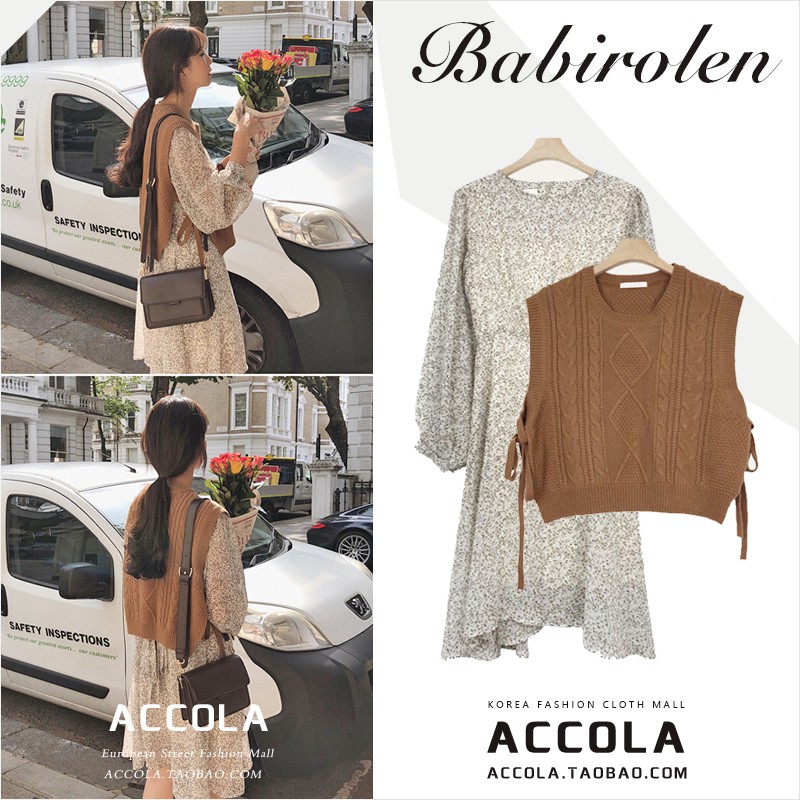 (ORDER) Váy hoa nhí dài tay thắt eo xòe ngắn mùa thu vintage điệu đà+ Áo len gile style Hàn Quốc