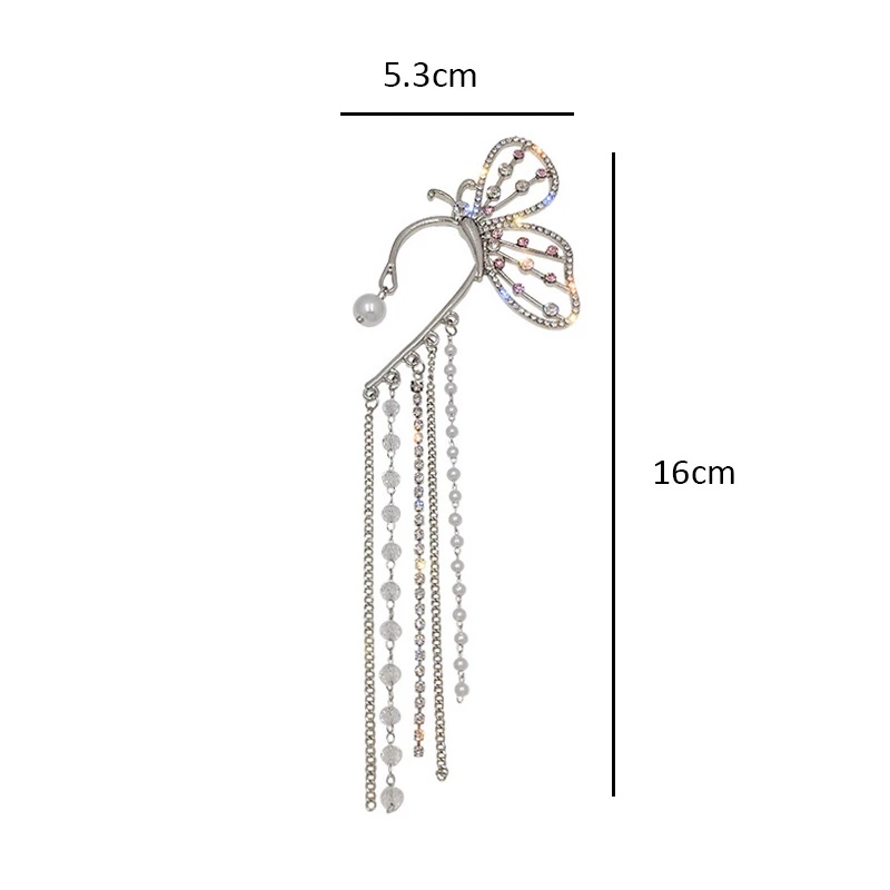 [Women Korean Elegant Pearl Butterfly Tassel Ear Clips] [Ladies Bohemia Rhinestone Statement Drop Earrings] [Korean INS Simple Style Wedding Party Ear Jewelry]