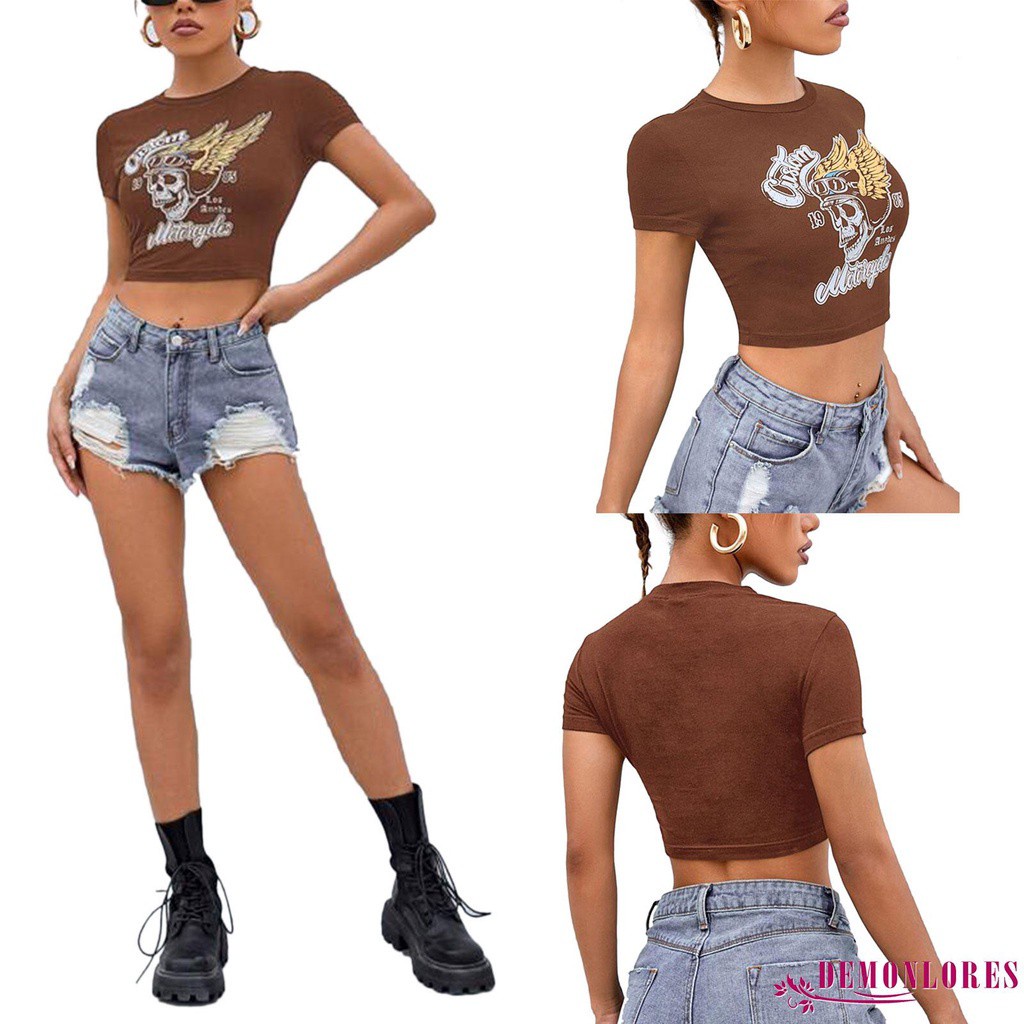 Áo Croptop Tay Ngắn Cổ Tròn In Hình Đầu Lâu Và Chữ Thời Trang Mùa Hè Cho Nữ