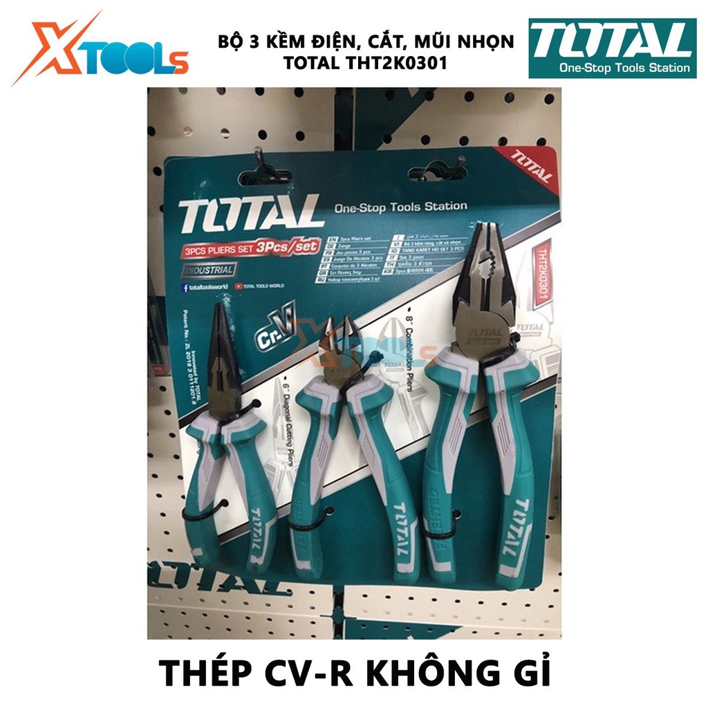 Bộ 3 kềm răng cắt và nhọn TOTAL THT2K0301 |  Bộ kìm điện, kìm cắt và kìm nhọn 3 chi tiết Chất liệu: thép CR-V, dùng cho