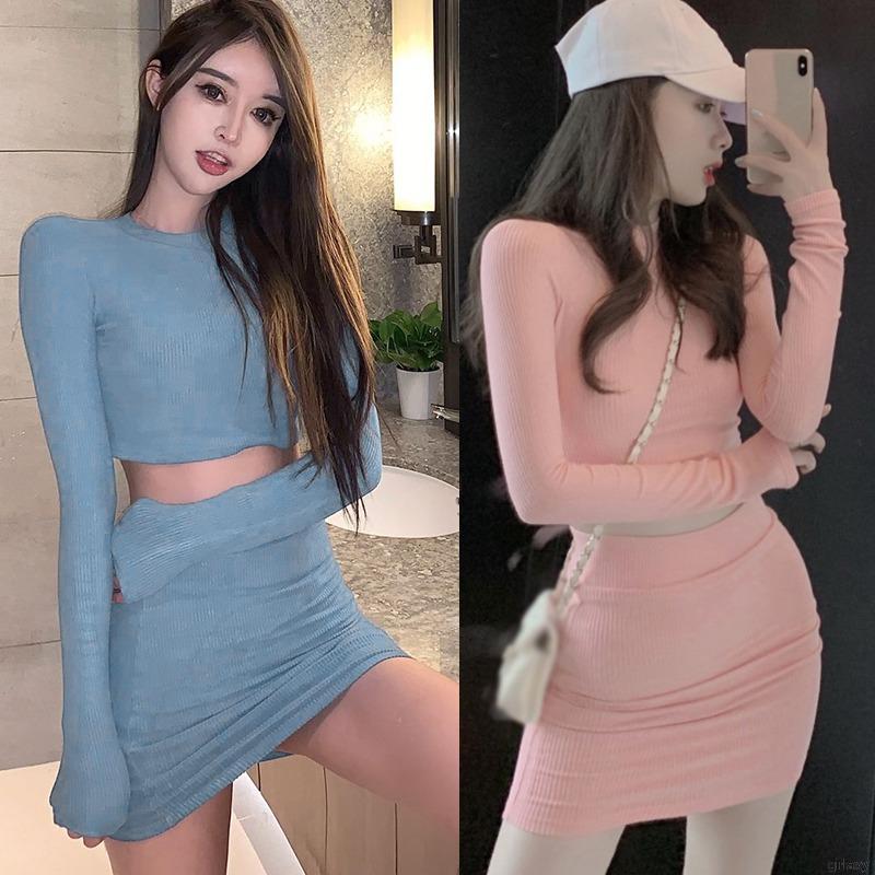 Set áo thun tay dài + chân váy màu trơn gợi cảm dành cho phái đẹp