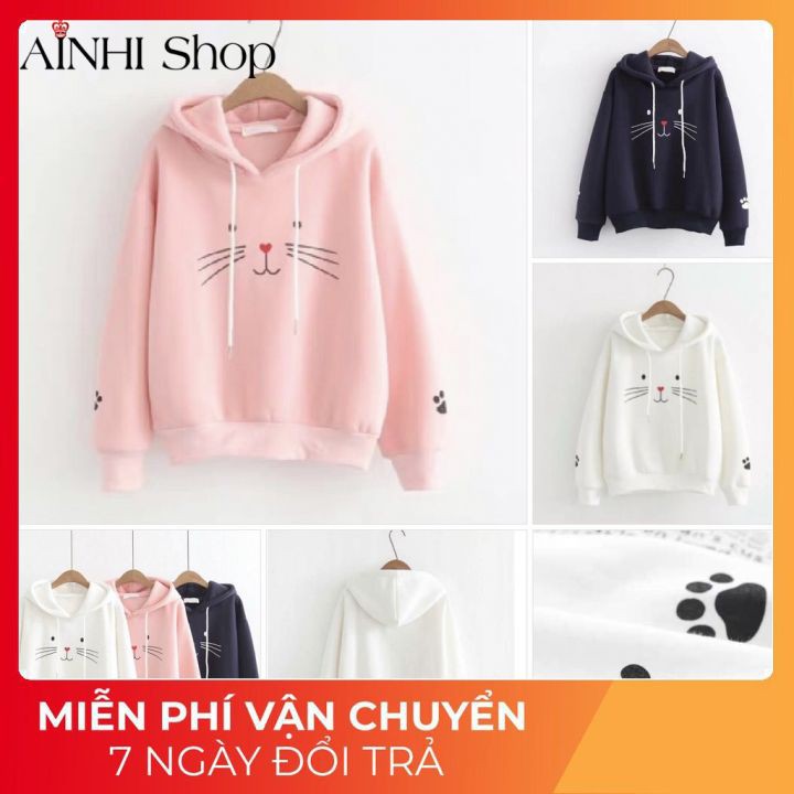 Áo Hoodie Nữ ❤️FREESHIP❤️ Áo Hoodie Nhiều Màu Vải Nỉ Poly In Mặt Mèo Cute - Hoodies Nón Nữ Áo Hoodie Free Size Dưới 60kg