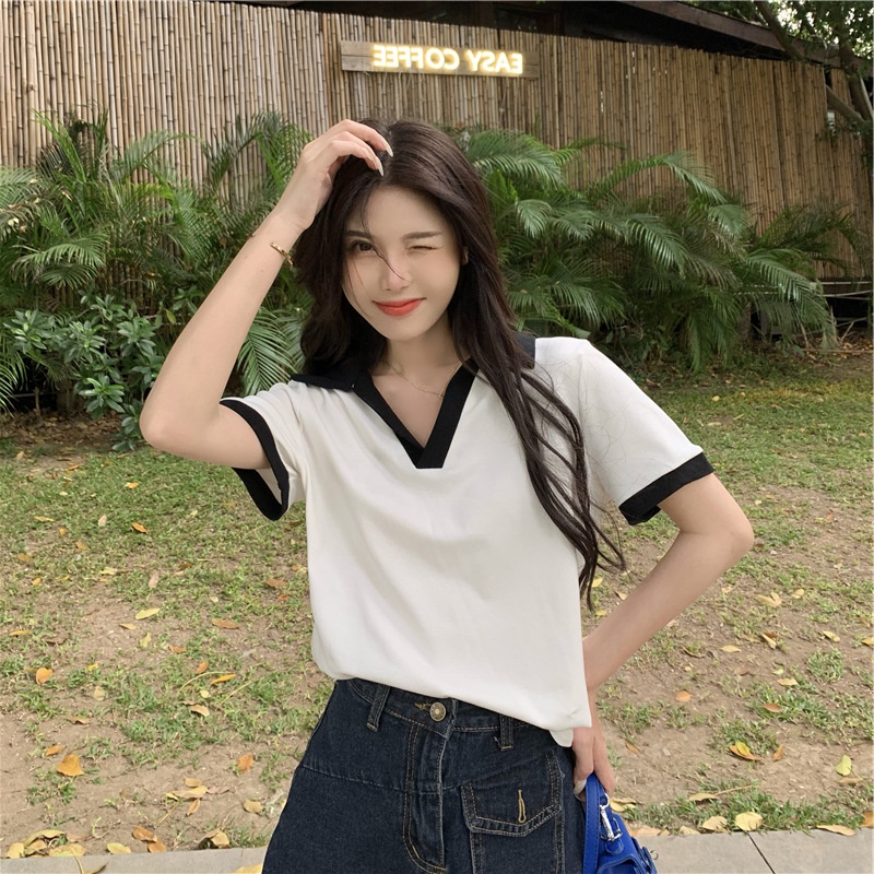 Áo thun IELGY tay ngắn cổ chữ v phối màu đơn giản thời trang năng động cho nữ