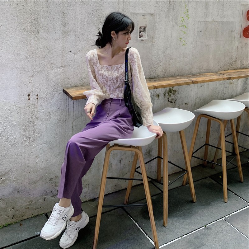 Set áo ren trắng tay dài cổ vuông croptop ngắn + quần dài lưng cao màu tím ulzzang ( có bán riêng )