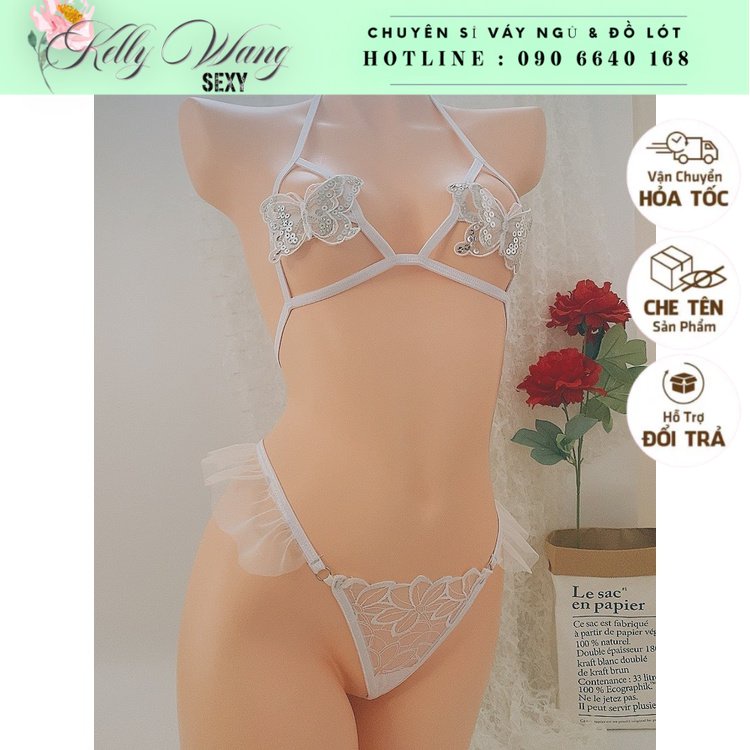 (ảnh thật) Bk062 Bộ đồ lót lưới nhún bèo - set gồm quần lót và áo lót nữ - kellywang