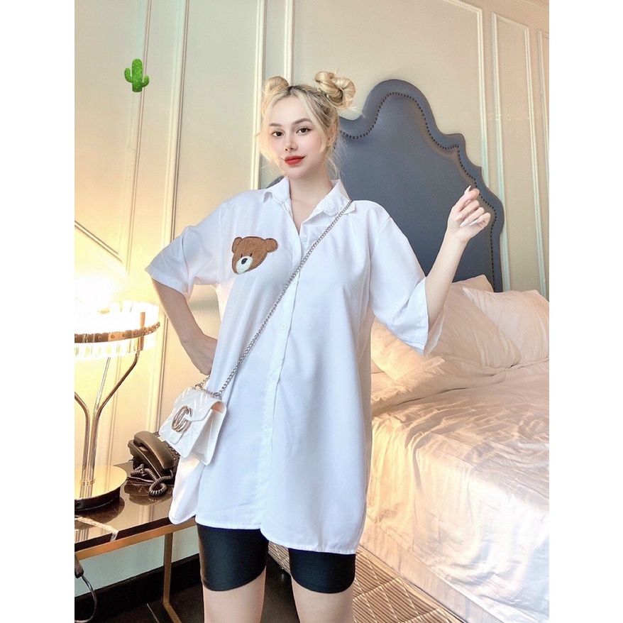 Áo sơ mi form rộng tay lỡ thêu logo gấu bên ngực cực xinh , chất kate lụa mềm mịn ( ảnh thật )