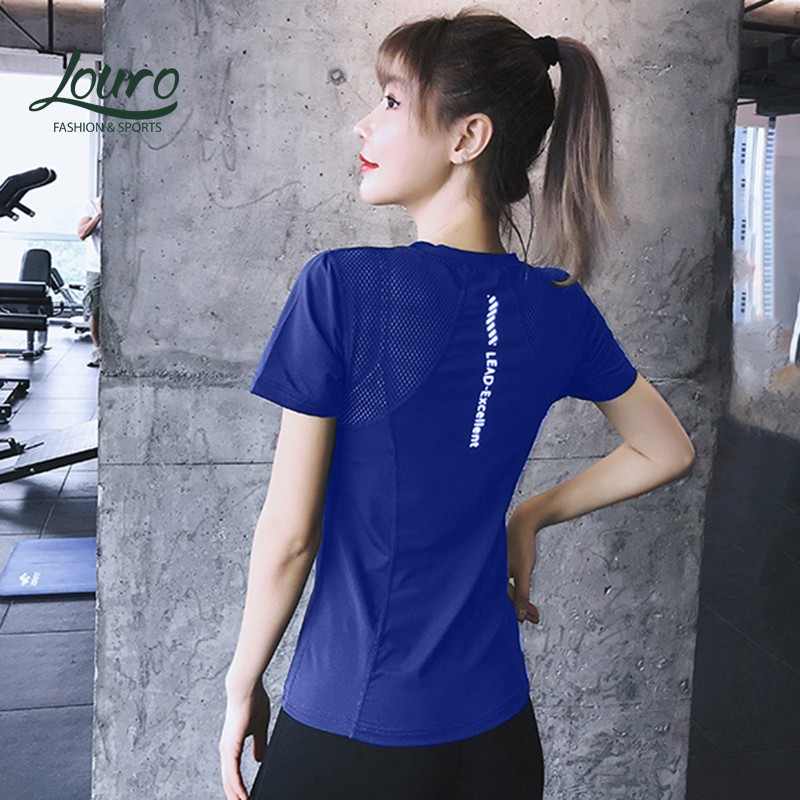 Áo thun tập gym nữ Louro LA38, kiểu áo tập gym nữ tay ngắn, chất liệu thoáng mát, co giãn 4 chiều