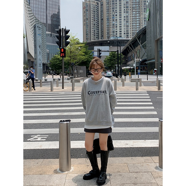 Áo Sweater Xám Dáng Rộng Dài Ngang Gối Vải Cotton Thêu Họa Tiết Kiểu Retro Mỹ Xinh Xắn Cho Bạn Gái