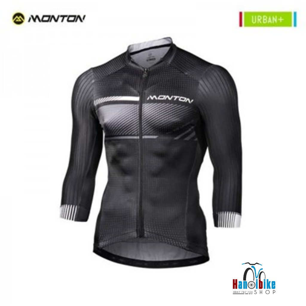 Áo đạp xe lửng tay hiệu Monton Ransou sleve jersey màu đen xám kẻ ngực trắng