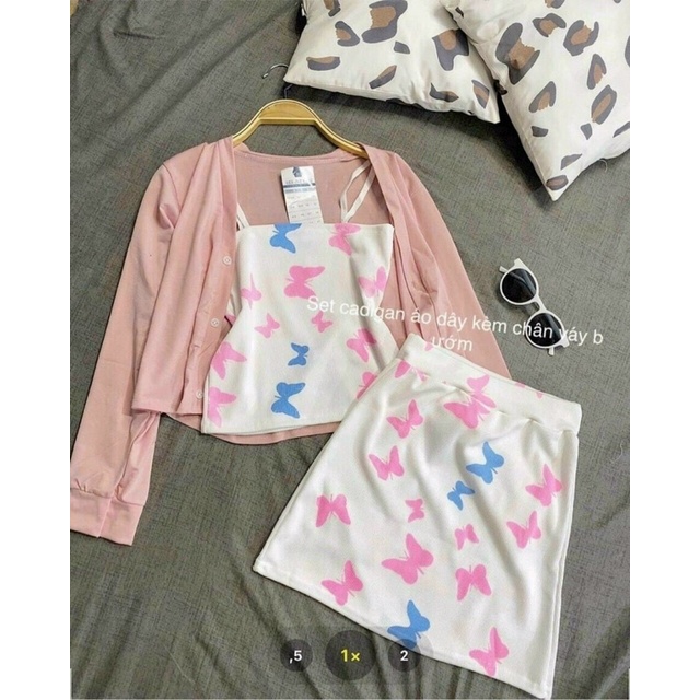 Set Ba Món Áo Hai Dây Croptop - Chân Váy A  Kèm Áo Khoác hoạ tiết bướm 🦋🦋🦋🦋Ma:N97789