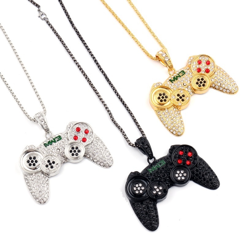 Vòng cổ Mặt Hình Tay Cầm Điều Khiển Chơi Game Đính Đá Pha Lê Màu Vàng Phong Cách Hip-hop Cho Bé Trai