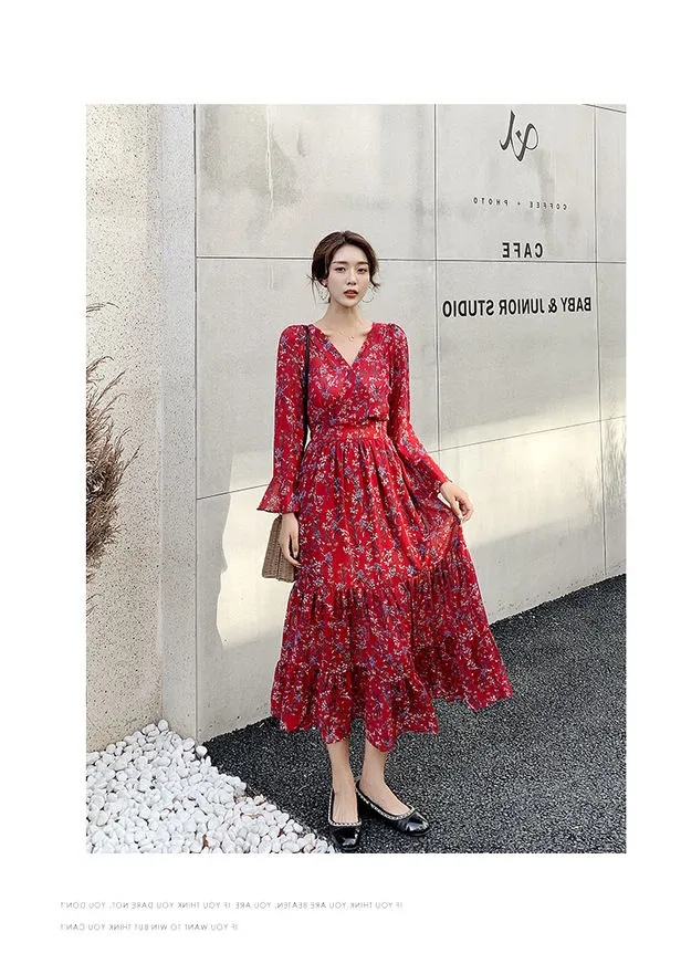 Đầm Nữ Ngắn Tay Cổ Chữ V In Hoa Thời Trang Hàn