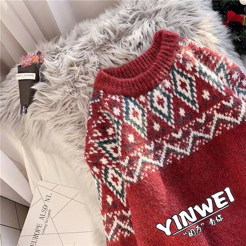 Áo len thổ cẩm nữ hoạ tiết Hàn Quốc xinh xắn/ Áo len hoạ tiết Noel siêu ấm