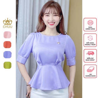 Áo Peplum cổ tròn đính ngọc kiểu eo cột nơ giấu bụng tay phồng CHUU A8008