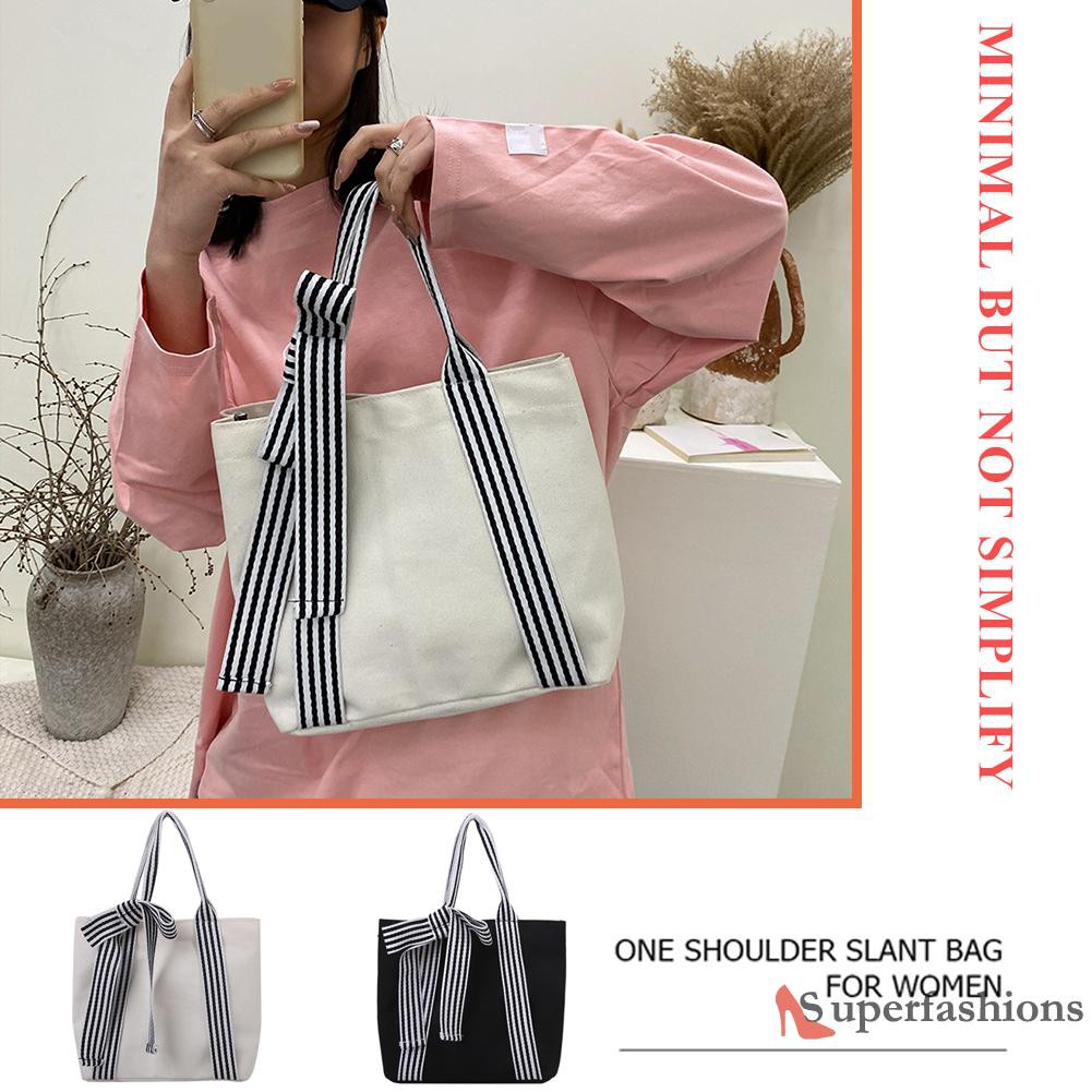 【Hot Sale】Women Bow Shoulder Underarm Bag Ladies Preppy Style Canvas Handbag Tote