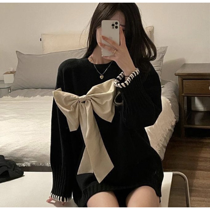 Áo Len Dệt Kim Dáng Rộng Đính Nơ Thời Trang