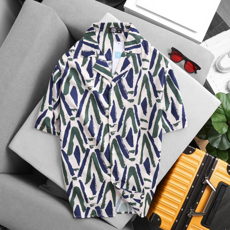 Áo sơ mi ngắn tay DEWE, vải lụa chéo nhập khẩu chống nhắn thoáng mát, hoạ tiết Núi Xanh - DEWE Cuban Shirtáo sơ mi nam h