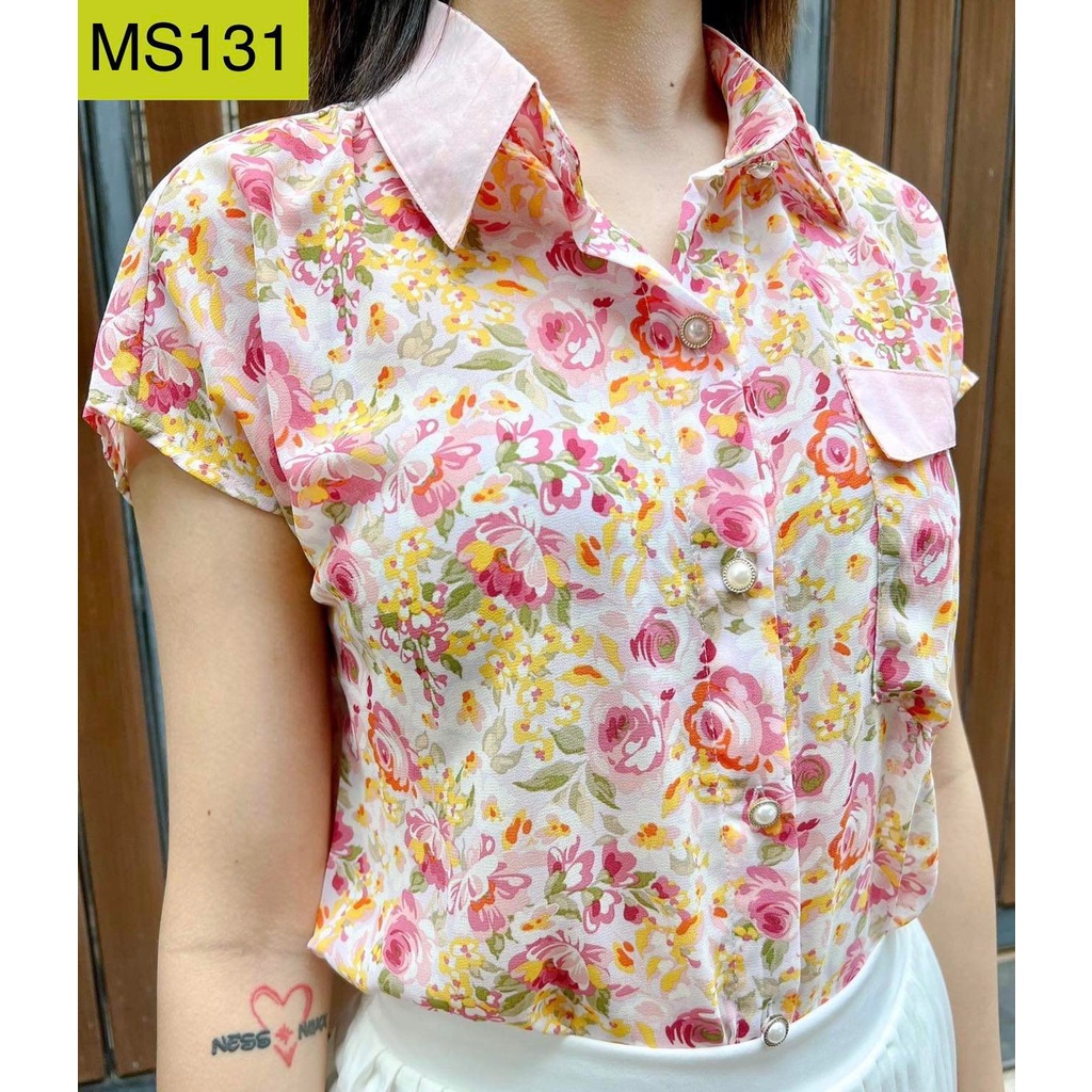 MS131 ÁO SƠ MI NỮ CÔNG SỞ HOẠ TIẾT HOA HỒNG