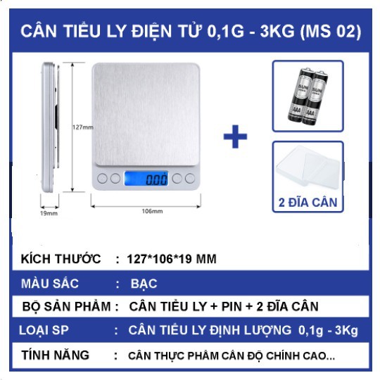 Cân tiểu ly điện tử nhà bếp mini định lượng 1g - 5kg, Cân tiểu ly làm bánh độ chính xác cao kèm 2 viên pin AAA