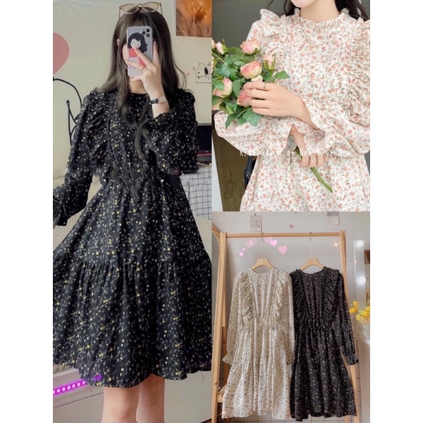 Váy hoa nhí ulzzang cổ tròn bèo dọc vitage