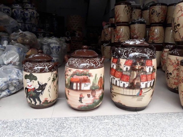 Bình đựng nước, ngâm rượu, đựng gạo sứ vẽ tay Bát Tràng
