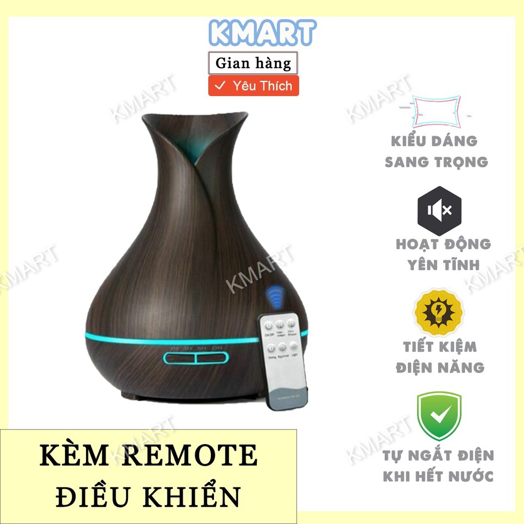 Máy Xông Tinh Dầu Hoa Tulip Vân Gỗ Cao Cấp 550ml Tích Hợp Remote Điều Khiển