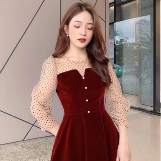 VÁY NHUNG ĐỎ CÚC NGỌC PHỐI BI