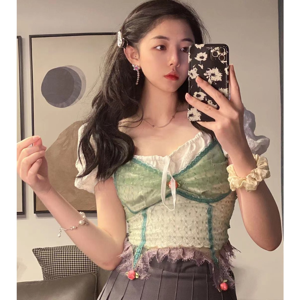 Bộ Quần Áo Ngắn Phối Ren Màu Tương Phản Dễ Phối Đồ Thời Trang Mùa Hè