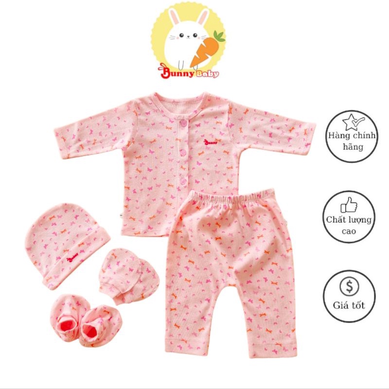 Bunnybaby - Set quần áo sơ sinh 5 món chất đẹp Bunny cho bé gái bao gồm mũ vớ