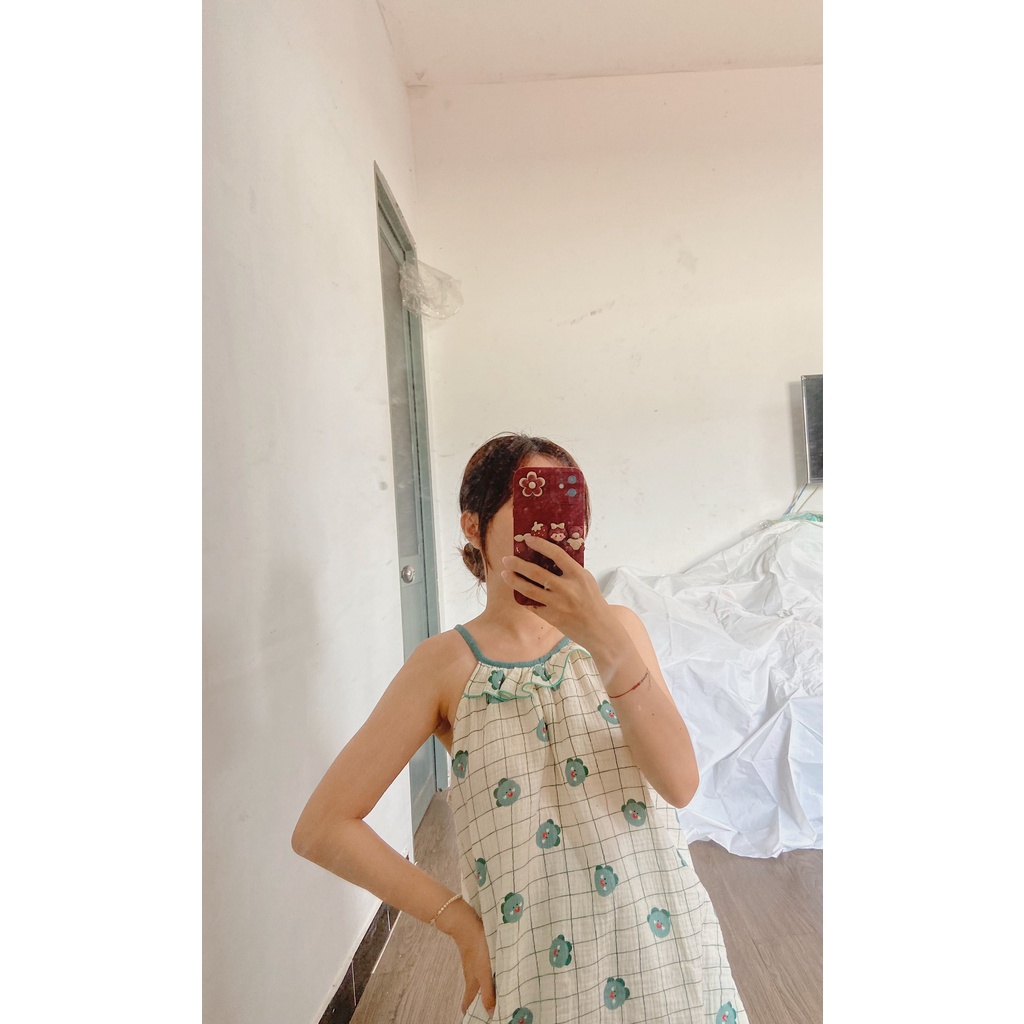 Đồ ngủ hai dây chất xô muslin hoạ tiết khủng long xanh cực dễ thương