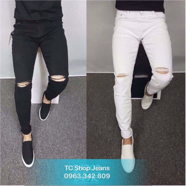 Quần Jeans Nam Đen Trắng Mịn Rách Gối Chuẩn Có size lớn (kèm ảnh thật)