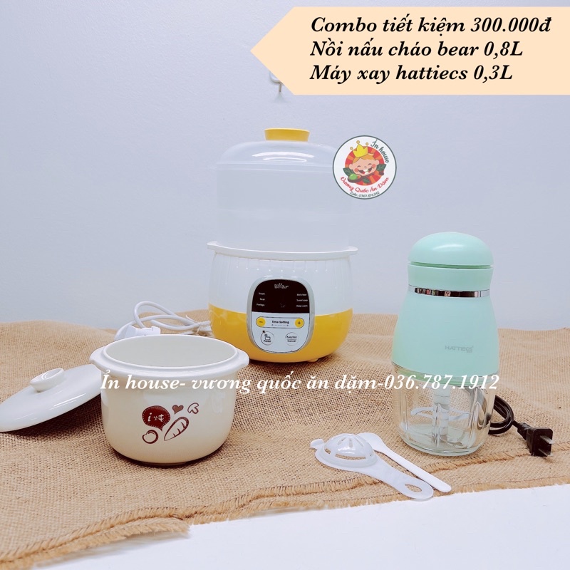 Combo nồi nấu cháo bear 0,8l tiếng việt + máy xay đa năng hattiecs 6 lưỡi dao