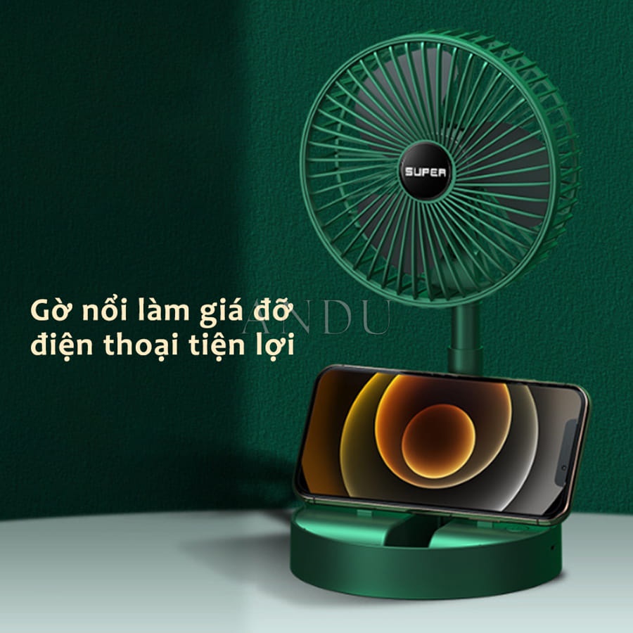 Quạt Tích Điện Để Bàn Gấp Gọn Super Có Thể Điều Chỉnh Độ Cao , 3 Tốc Độ Gió, Cổng Sạc USB Xoay 180 Độ Siêu Tiện Lợi -QB3
