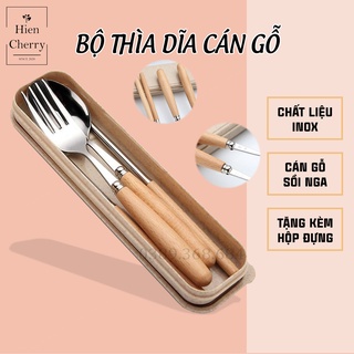 Bộ thìa, đũa, dĩa chất liệu inox, cán gỗ sang trọng tặng kèm hộp đựng cao cấp