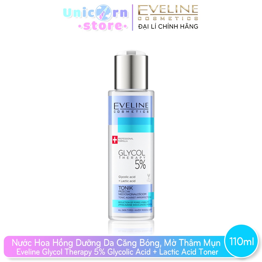 Nước Hoa Hồng Dưỡng Da Căng Bóng, Mờ Thâm Mụn Eveline Glycol Therapy 5% Glycolic Acid + Lactic Acid Toner 110ml