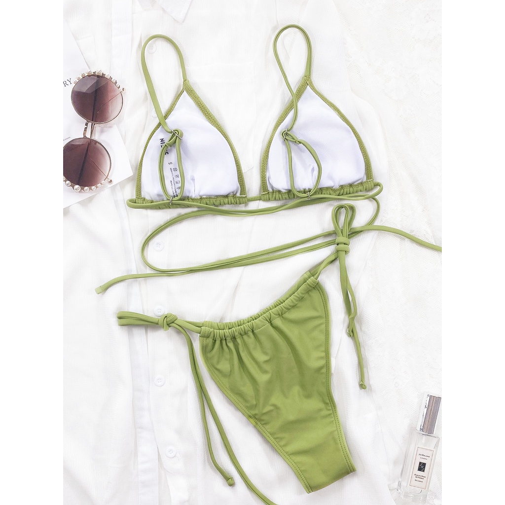 [BKN1424] &lt;ÂU&gt; SET BIKINI TRIANGLE XANH CỐM ĐAN DÂY EO