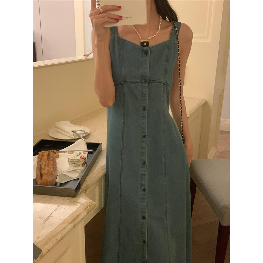 Đầm Denim Hai Dây Cổ Chữ V Dáng Ôm Phong Cách Thời Trang Pháp 64112