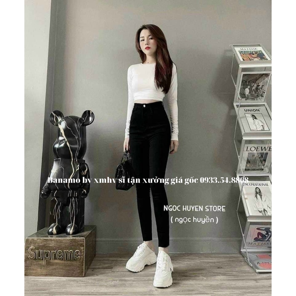 Quần jean nữ đen trơn cạp cao siêu co giãn chất đẹp thời trang Banano fashion bò ôm đen trơn 768