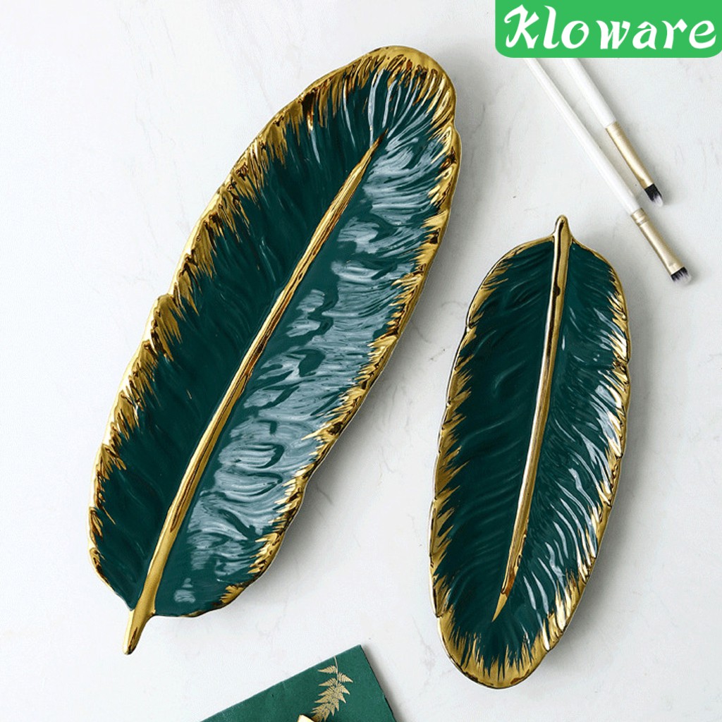 Đĩa gốm đựng nữ trang đồ ăn thiết kế hình lá Chuối tráng men màu xanh ngọc lục bảo mạ vàng cao cấp trang trí nội thất