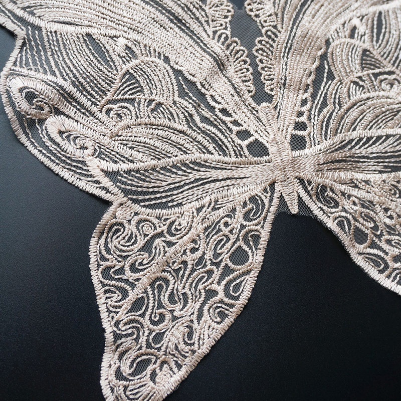 Miếng Vải Lụa Polyester Phối Ren Thêu Hình Bướm Dùng May Đầm DIY