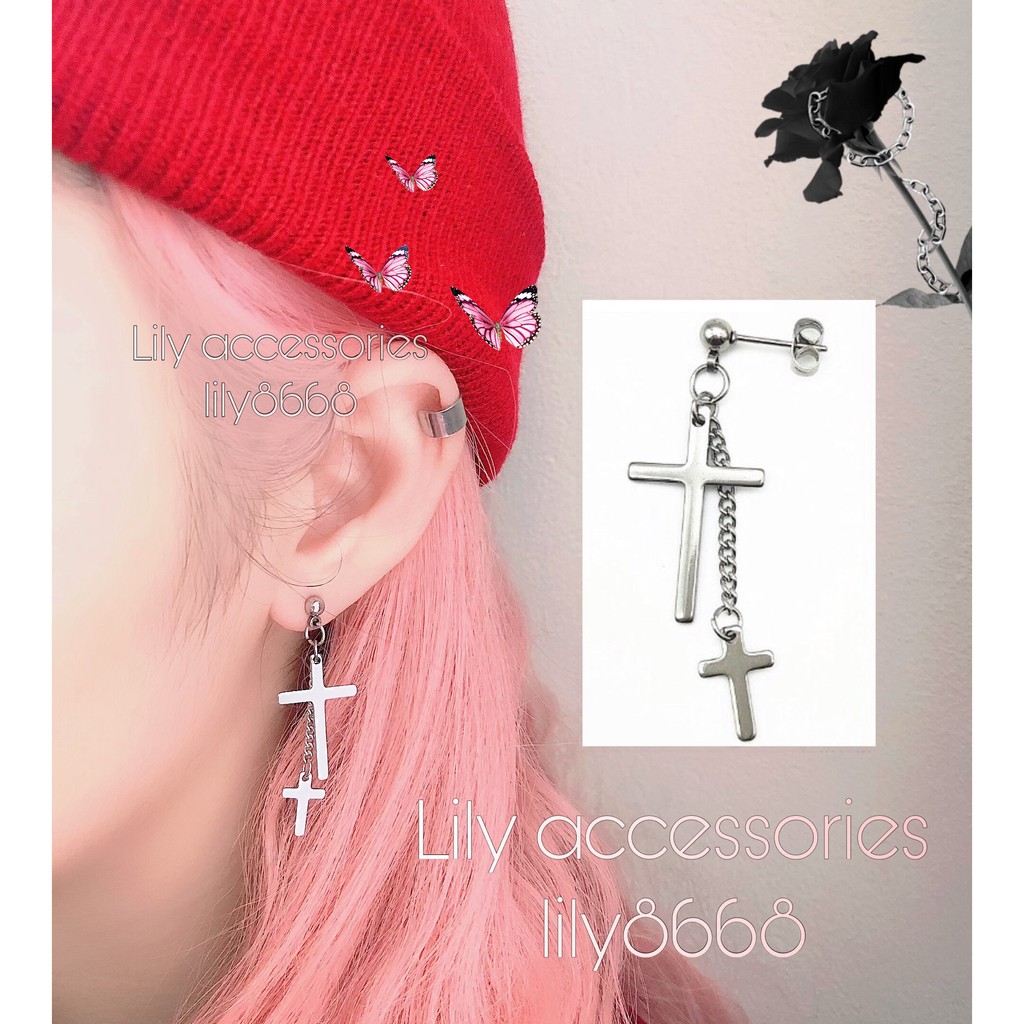 Double Cross Earring khuyên tai titan thánh giá 2 tầng không gỉ không đen không dị ứng cho nam nữ Uniex