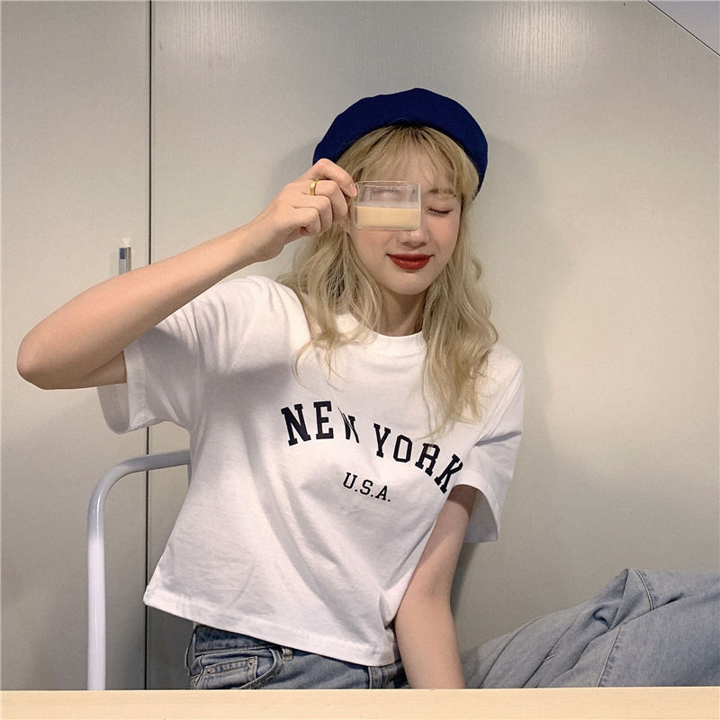 Áo Croptop Ngắn Tay In Chữ Phong Cách Retro Cá Tính Cho Nữ