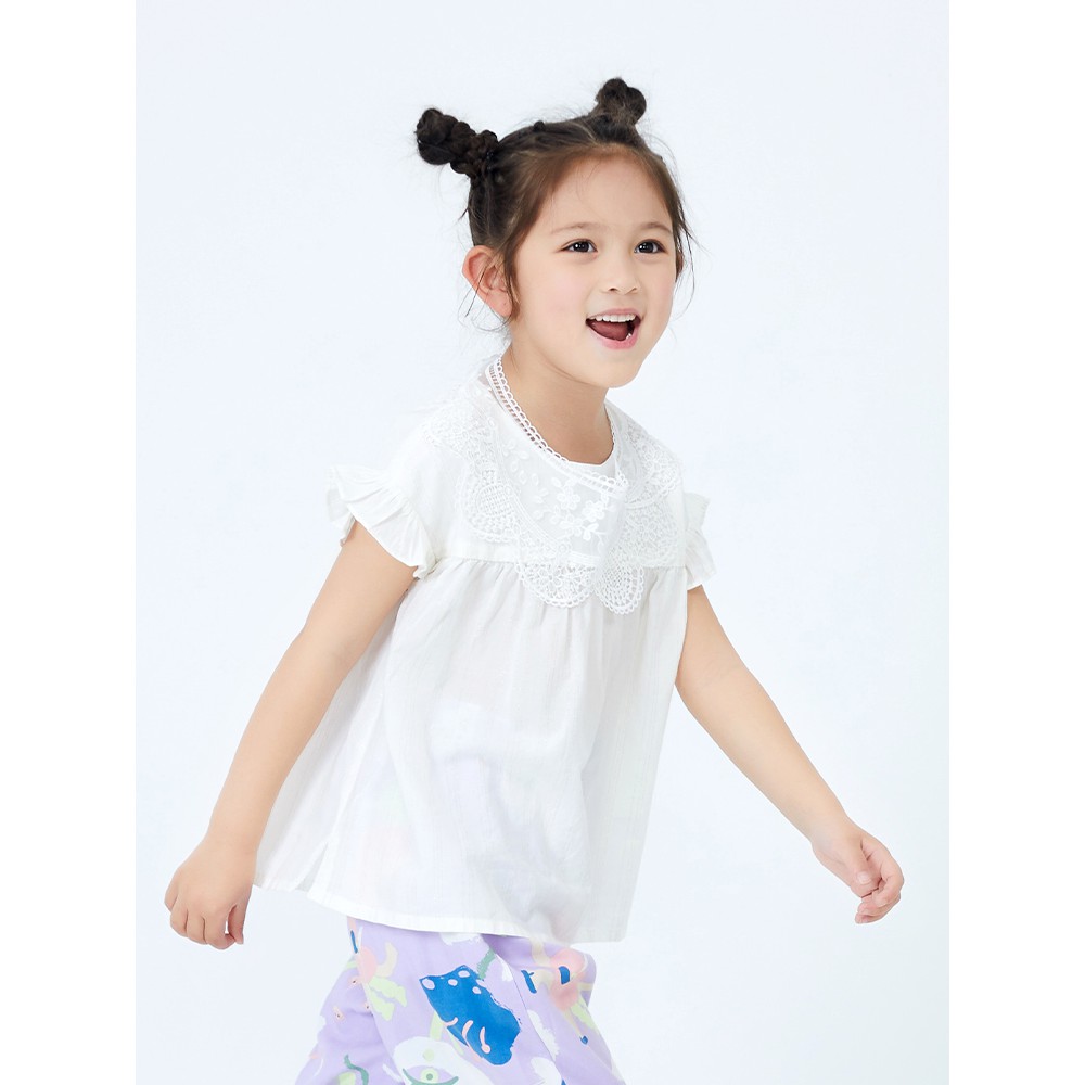 (3-7 tuổi) Áo sơ mi bé gái hãng BALABALA màu trắng hồng cổ ren dễ thương 201221118002