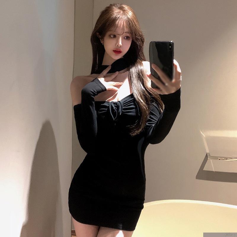 Váy mini dáng ôm tay dài hở vai màu sắc thời trang phong cách Hàn Quốc cho nữ