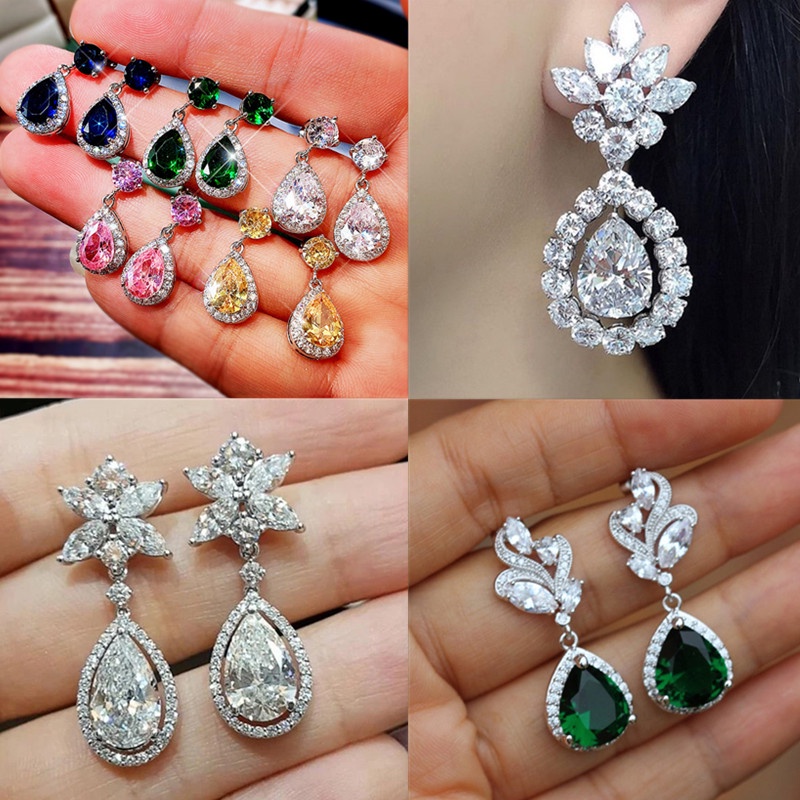 1 Đôi Bông Tai Đính Đá Zircon Hình Giọt Nước Màu Hồng / Xanh Lam / Trắng Thời Trang Dành Cho Cô Dâu
