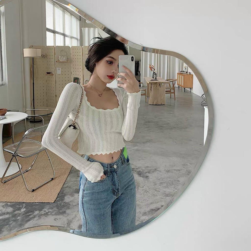 áo croptop thun gân tay dài viền ren cổ xinh hot tôn dáng