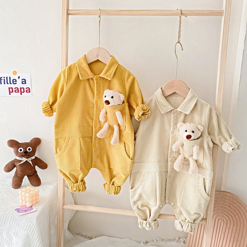 Áo liền quần SANLUTOZ vải cotton có túi hình gấu dễ thương thời trang mùa đông cho bé trai