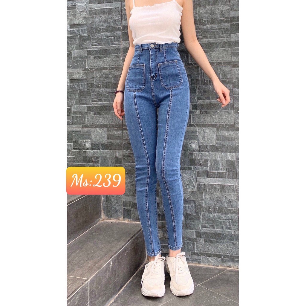 Quần jean nữ lưng siêu cao SỌC GIỮA + 2 TÚI GIỮA SỌC màu xanh L239 -U1 | BigBuy360 - bigbuy360.vn