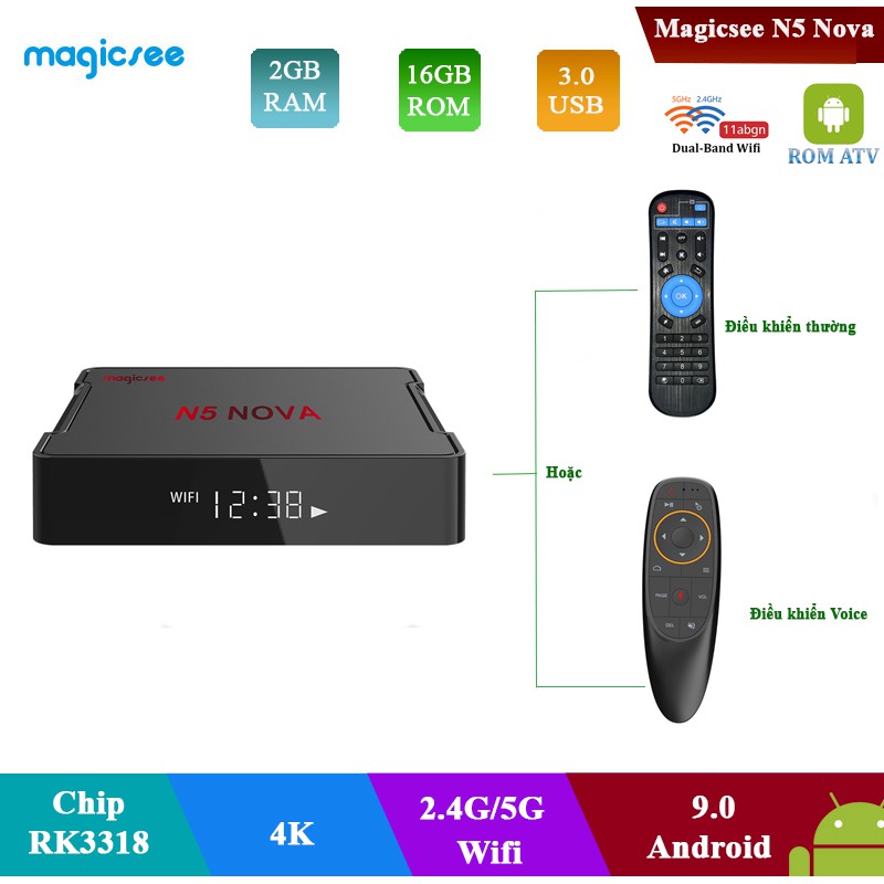 Android Tivi Box Magicsee N5 Nova - Ram 2GB, Rom 16GB, Android 9.0 - Điều Khiển Voice