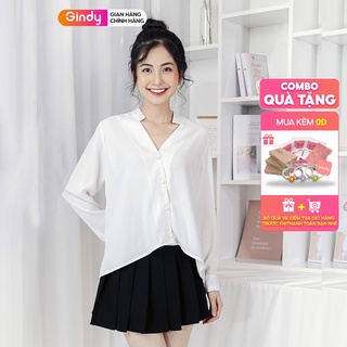 Áo sơ mi nữ trắng vạt lệch GINDY vải lụa cổ tim dài tay dáng basic trơn thời trang xuân hè công sở, học sinh A10073